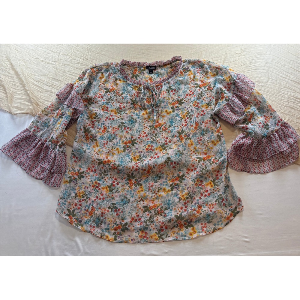 ana Womens Sheer Floral Boho Peasant Top Long Ruffled Sleeves Size L